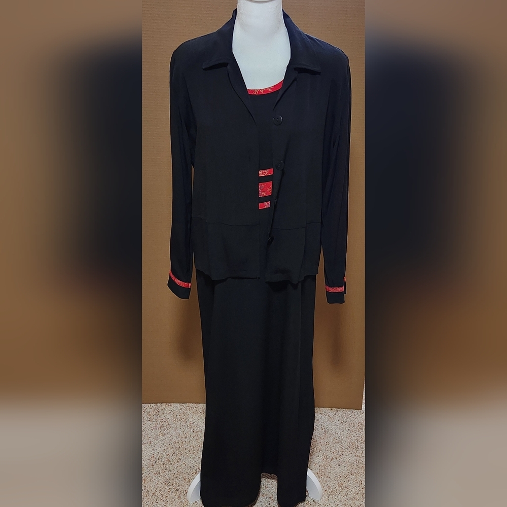 Clio Elegant Black Maxi Dress with Red Accents W/ Jacket Sz M